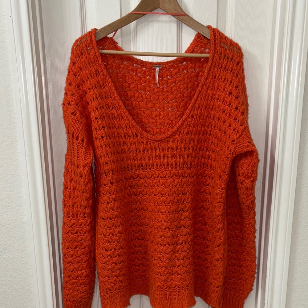 Free People Vibrant Orange V-Neck Sweater - Picture 5 of 8